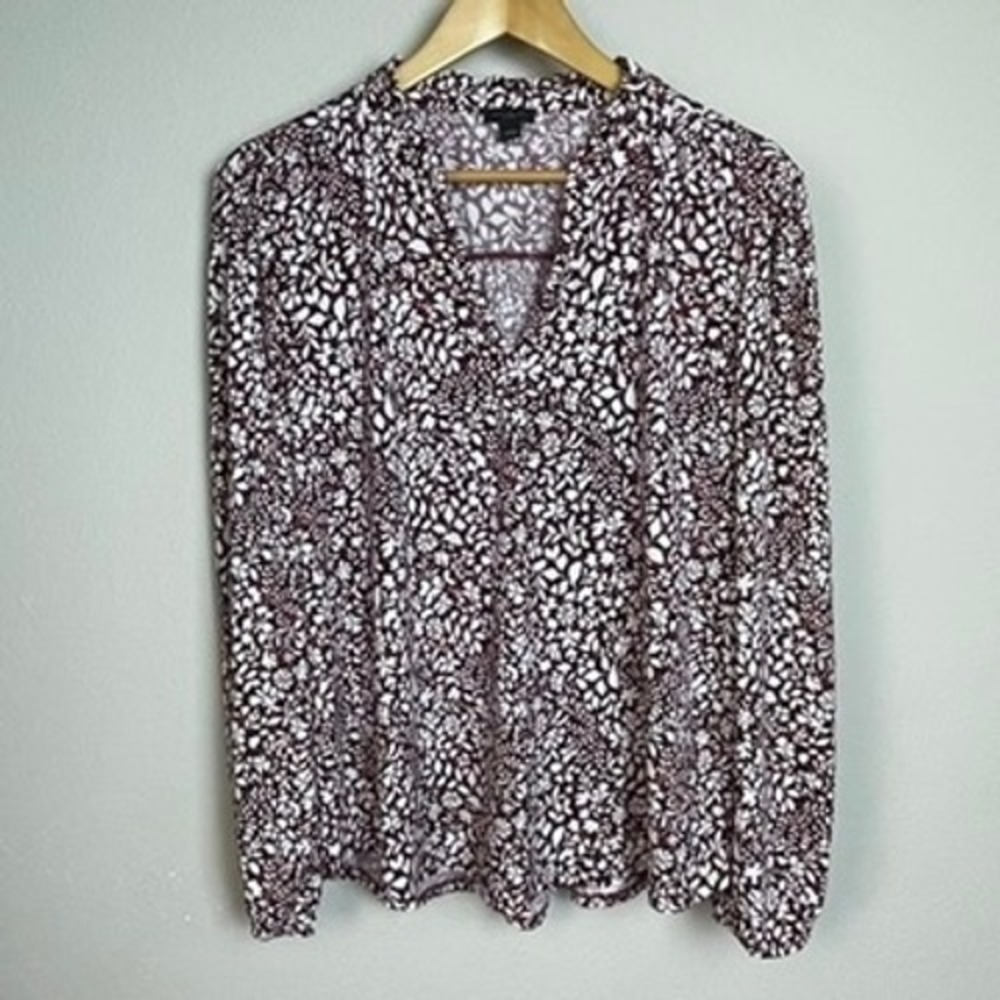 Ann Taylor Factory Womens Workwear Burgundy Floral Long Sleeve Blouse Top L